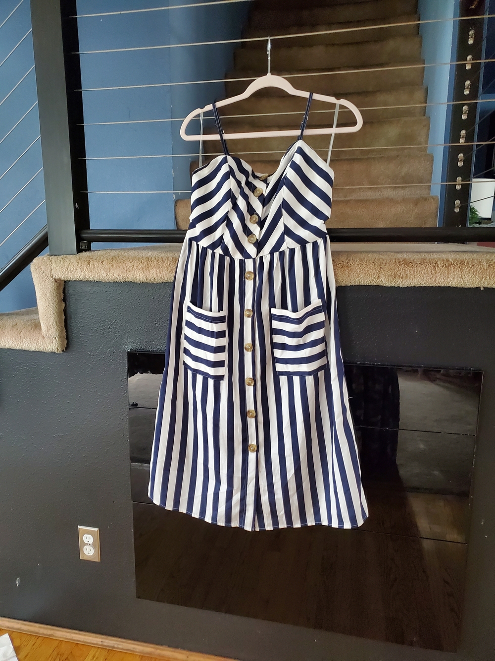 Navy & White Striped Button-Front Midi Dress